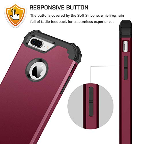 BENTOBEN Case for iPhone 8 Plus/iPhone 7 Plus, 3 Layer Hybrid Hard PC Soft Rubber Heavy Duty Rugged Bumper Shockproof Anti Slip Full-Body Protective Phone Cover , Wine Red