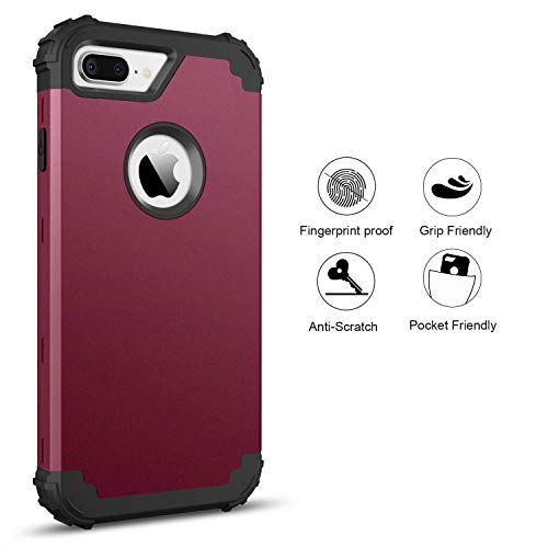 BENTOBEN Case for iPhone 8 Plus/iPhone 7 Plus, 3 Layer Hybrid Hard PC Soft Rubber Heavy Duty Rugged Bumper Shockproof Anti Slip Full-Body Protective Phone Cover , Wine Red