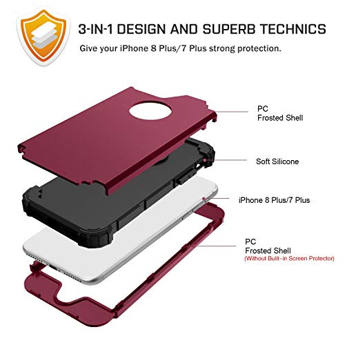 BENTOBEN Case for iPhone 8 Plus/iPhone 7 Plus, 3 Layer Hybrid Hard PC Soft Rubber Heavy Duty Rugged Bumper Shockproof Anti Slip Full-Body Protective Phone Cover , Wine Red