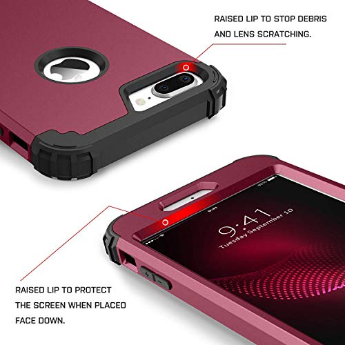 BENTOBEN Case for iPhone 8 Plus/iPhone 7 Plus, 3 Layer Hybrid Hard PC Soft Rubber Heavy Duty Rugged Bumper Shockproof Anti Slip Full-Body Protective Phone Cover , Wine Red