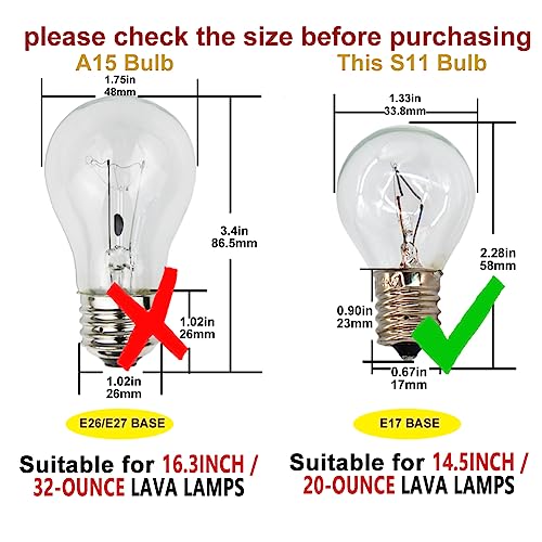 6 Pack S11 E17 Base 40 Watt Incandescent Bulbs for Lava Lamps,Replacement Bulbs for Lava Lamps,Glitter Lamps