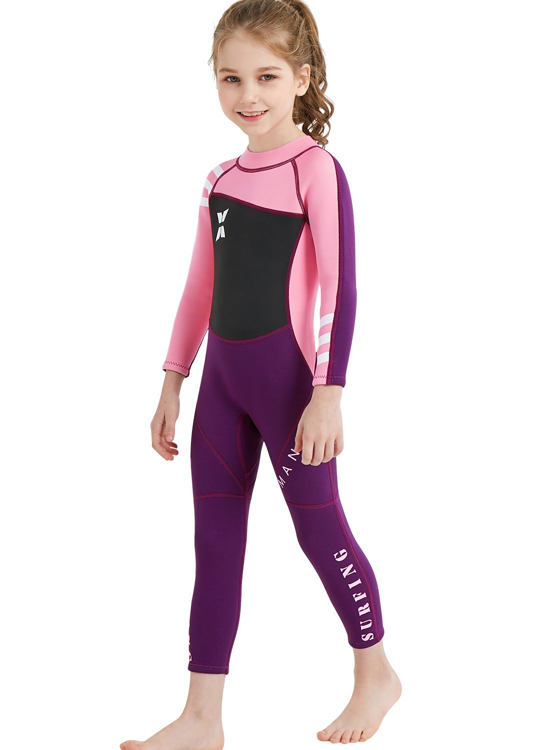 Kids Girls 2.5mm Wetsuit Long Sleeve One Piece Dive Skin UV Protection Thermal Swimsuit for Diving Snorkeling Swimming 10-11 Years Pink