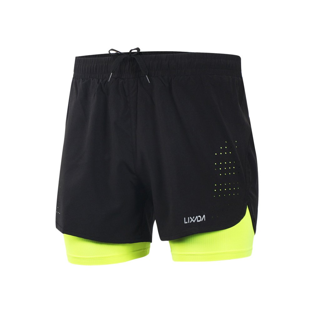 Lixada Men's 2-in-1 Running Shorts Quick Drying Breathable Active Training Exercise Jogging Cycling Shorts with Longer Liner & Reflective Elements, Black/Blue/Green/Grey