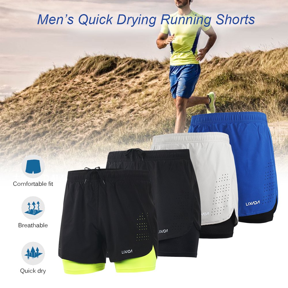 Lixada Men's 2-in-1 Running Shorts Quick Drying Breathable Active Training Exercise Jogging Cycling Shorts with Longer Liner & Reflective Elements, Black/Blue/Green/Grey