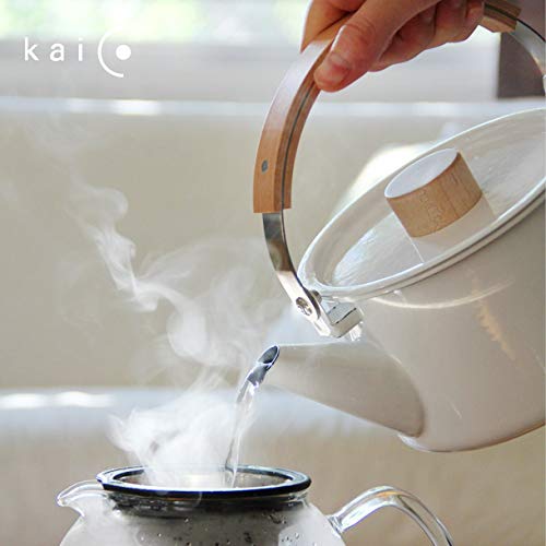 Kaico Kettle 1.45L(49oz) By Makoto Koizumi Spotless Enamel-Coated Steel Stunning Beech Wood Handle Maple Knob Clean Minimalist Design Brightening Kitchen