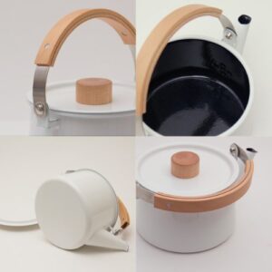 Kaico Kettle 1.45L(49oz) By Makoto Koizumi Spotless Enamel-Coated Steel Stunning Beech Wood Handle Maple Knob Clean Minimalist Design Brightening Kitchen