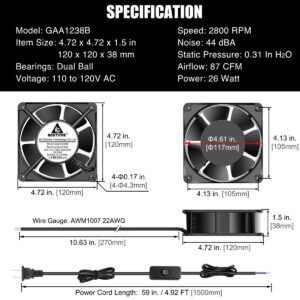 GDSTIME AXIAL Fan 12038, 110V 120V AC 120mm Fan, Ventilation Exhaust Projects Cooling Fan