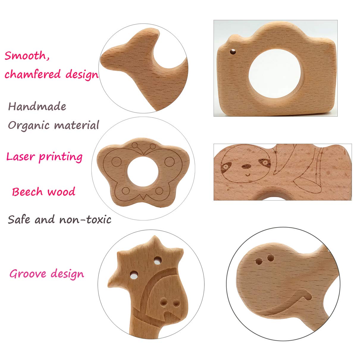 Lovely Cartoon Wood Camera Teether Toys Pure Natural Animal Teething Shape Beech Wooden Handmade Pattern Accessory DIY Jewelry Making Necklace Pendant (10pcs)