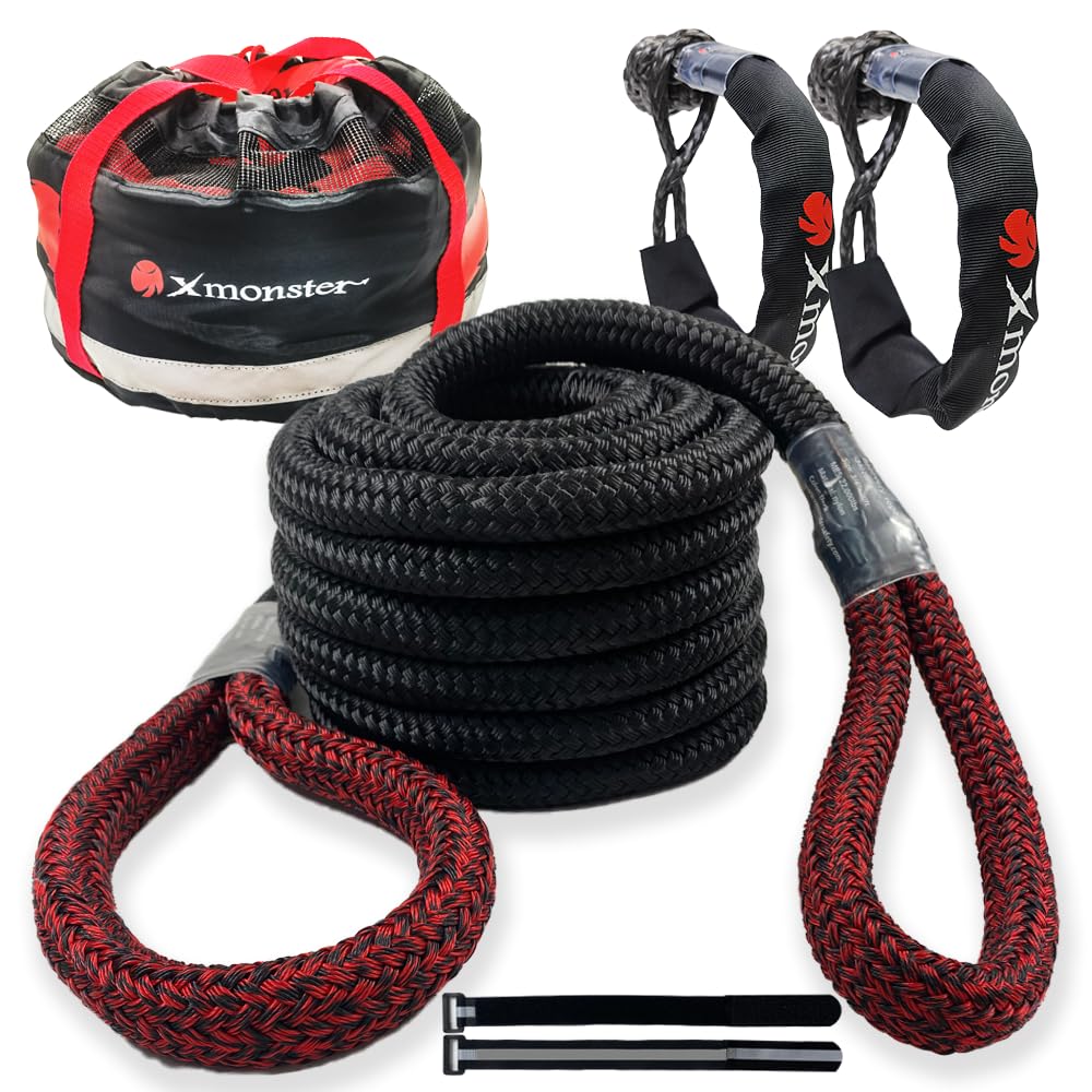 X MONSTER Kinetic Recovery Tow Rope Snatch Rope Strap3/4 x 20' (MBS 22,000 lbs) and 2 Soft Shackles (35,000bs), Free Durable Handbag Offroad Recovery Kits