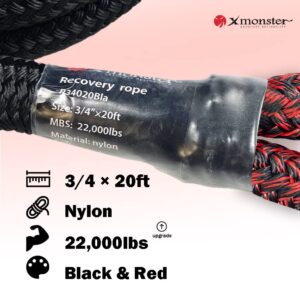 X MONSTER Kinetic Recovery Tow Rope Snatch Rope Strap3/4 x 20' (MBS 22,000 lbs) and 2 Soft Shackles (35,000bs), Free Durable Handbag Offroad Recovery Kits