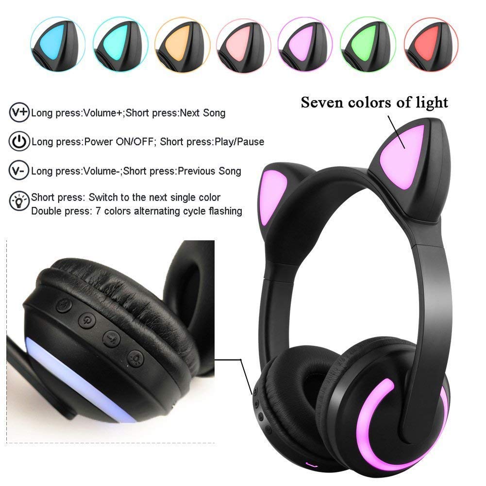 Treesine Wireless Bluetooth Cat Ear Headphones with Mic 7 Colors LED Light Flashing Glowing On-Ear Stereo Gaming Headset Compatible with Smartphones PC Tablet for Girls Kids