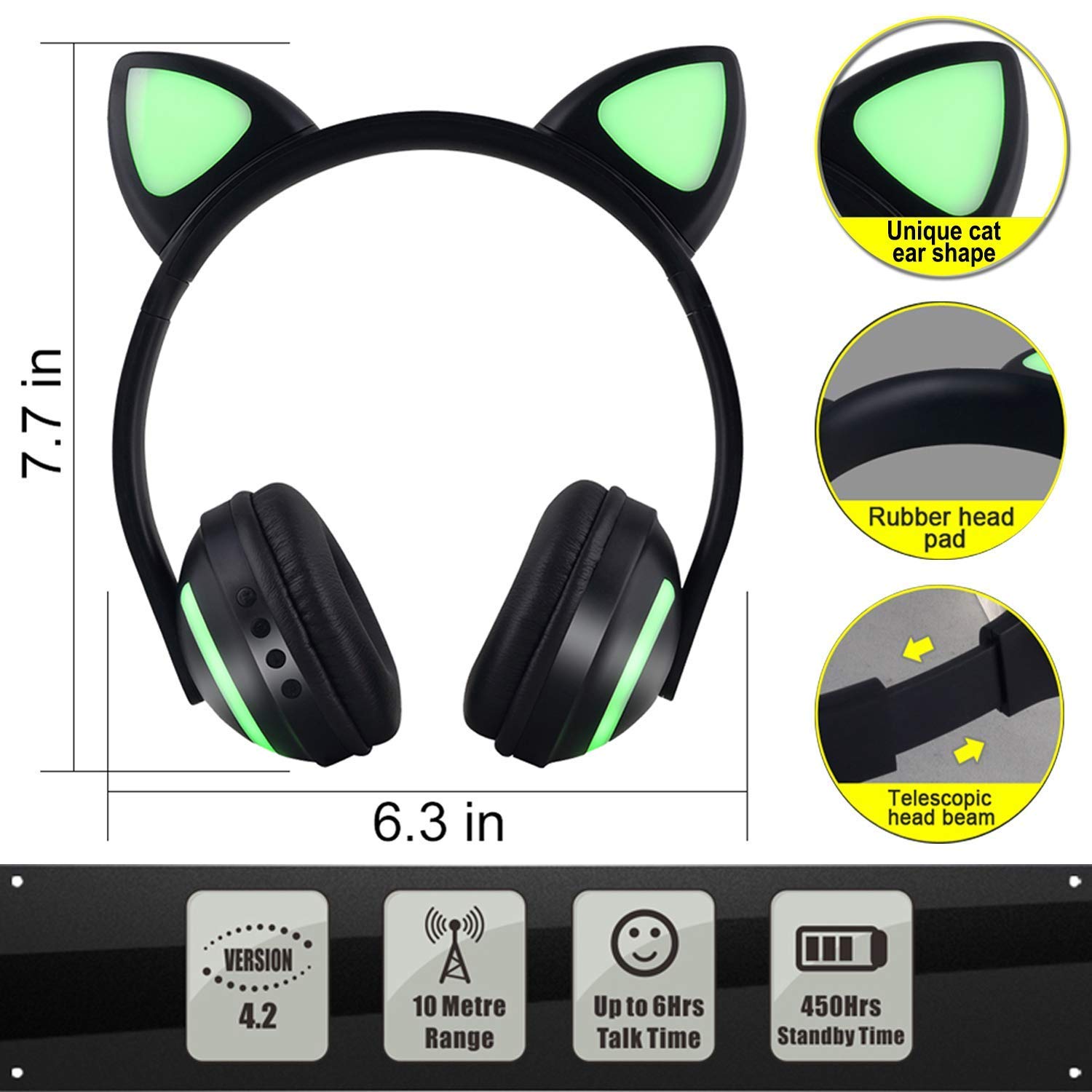 Treesine Wireless Bluetooth Cat Ear Headphones with Mic 7 Colors LED Light Flashing Glowing On-Ear Stereo Gaming Headset Compatible with Smartphones PC Tablet for Girls Kids