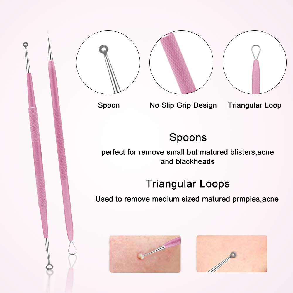 Blackhead Remover Tool, Aooeou 10Pcs Professional Pimple Popper Tool Kit - Easy Removal for Whitehead Popping, Zit Removing for Risk Free Nose Face, Anti-Slip Coating Handle(Pink)