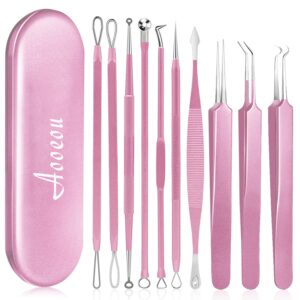 Blackhead Remover Tool, Aooeou 10Pcs Professional Pimple Popper Tool Kit - Easy Removal for Whitehead Popping, Zit Removing for Risk Free Nose Face, Anti-Slip Coating Handle(Pink)