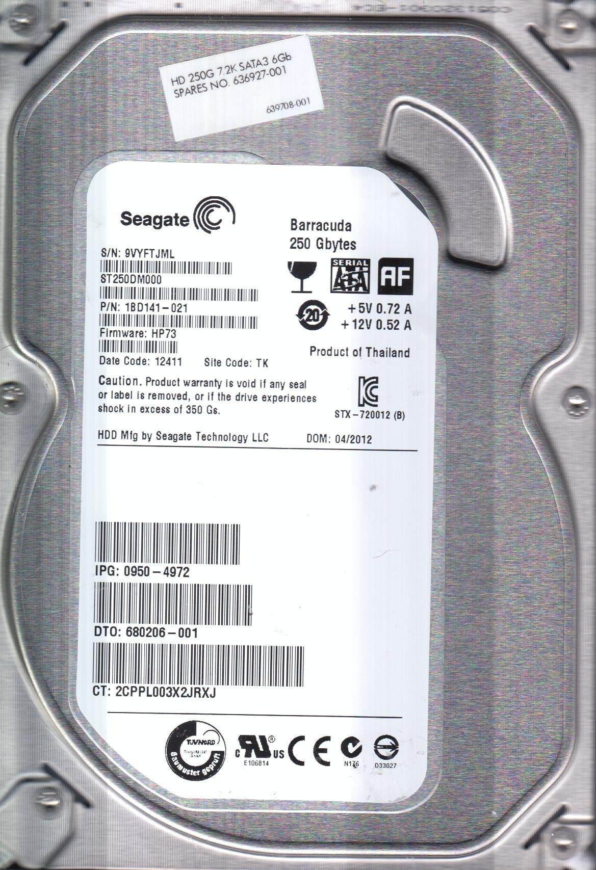 ST250DM000, 9VY, TK, PN 1BD141-021, FW HP73, Seagate 250GB SATA 3.5 Hard Drive (Renewed)