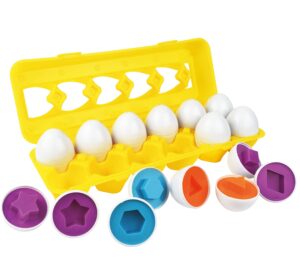 skoolzy 12 matching eggs for toddlers - easter egg basket toys - color sorting and shape matching egg toy, yellow egg carton, builds fine motor skills an excellent learning toy - 12 shapes 6 colors