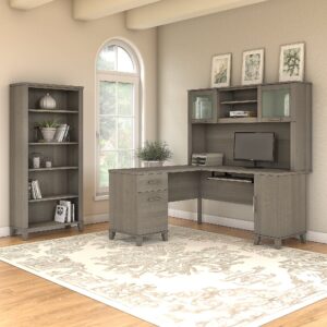 Bush Furniture Somerset 60W L Shaped Desk with Hutch and 5 Shelf Bookcase in Ash Gray