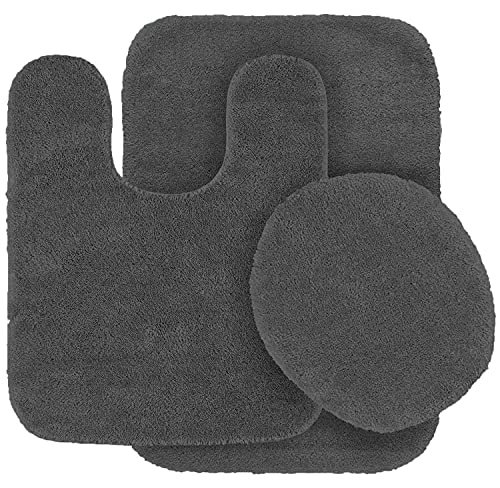 Mk Home LLC 3pc Angela Non Slip Soft Bath Set Rugs for Bathroom Bath Rug, Contour Mat, Toilet Seat Cover New (Charcoal/Dark Grey)