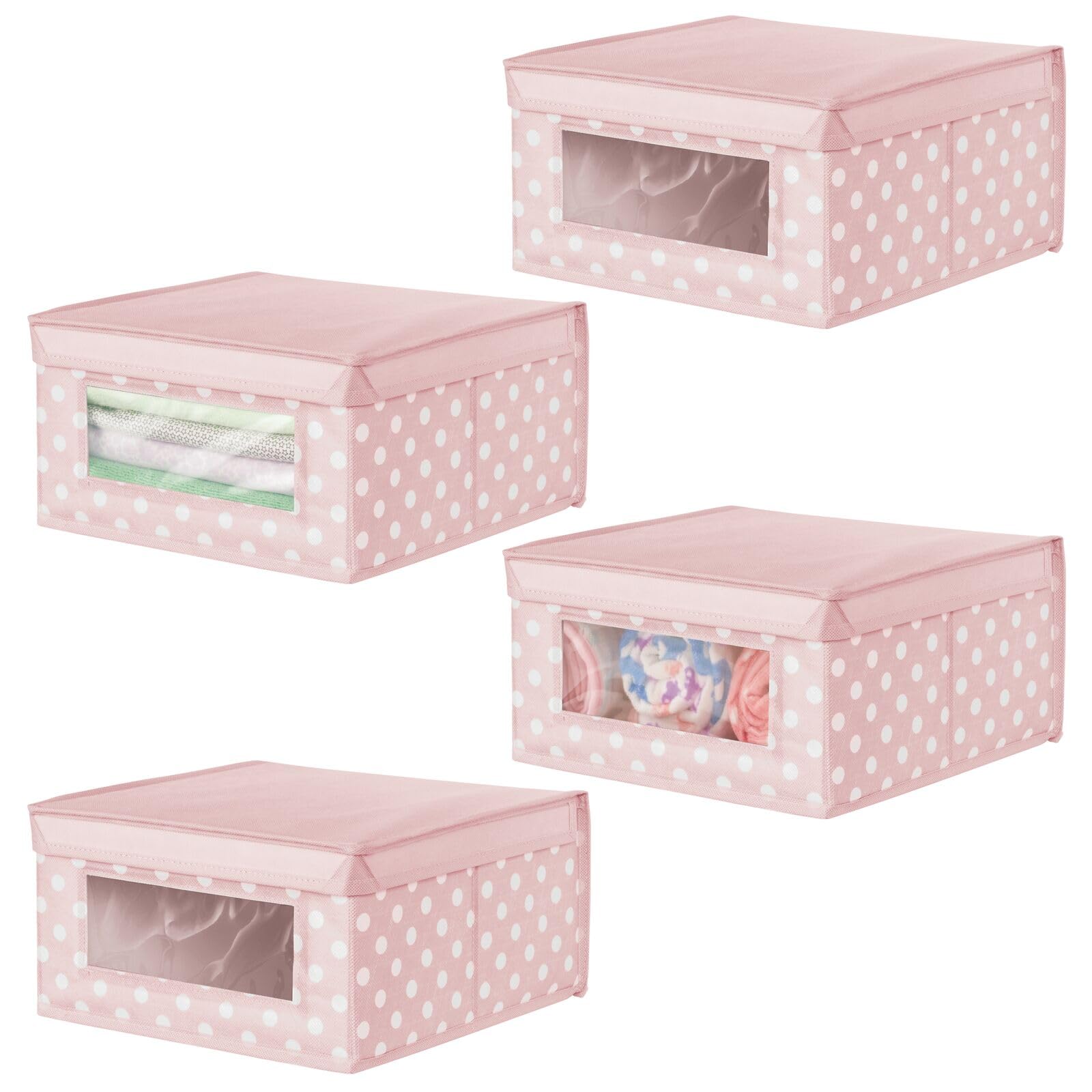 mDesign Medium Soft Stackable Fabric Baby Nursery Storage Organizer Holder Bin Box with Front Window and Lid for Child/Kids Bedroom, Playroom, Classroom - 4 Pack - Pink/White Polka Dot