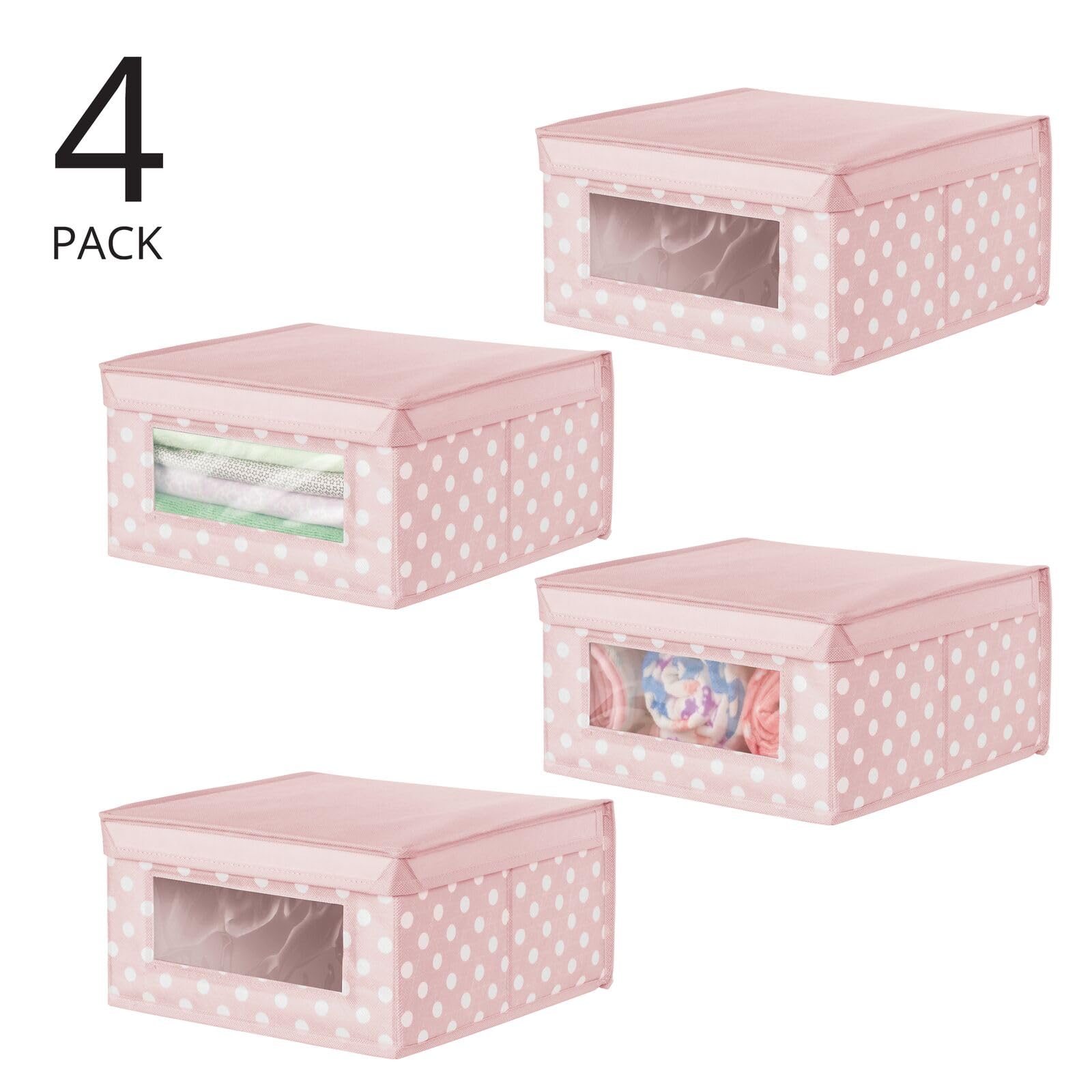 mDesign Medium Soft Stackable Fabric Baby Nursery Storage Organizer Holder Bin Box with Front Window and Lid for Child/Kids Bedroom, Playroom, Classroom - 4 Pack - Pink/White Polka Dot