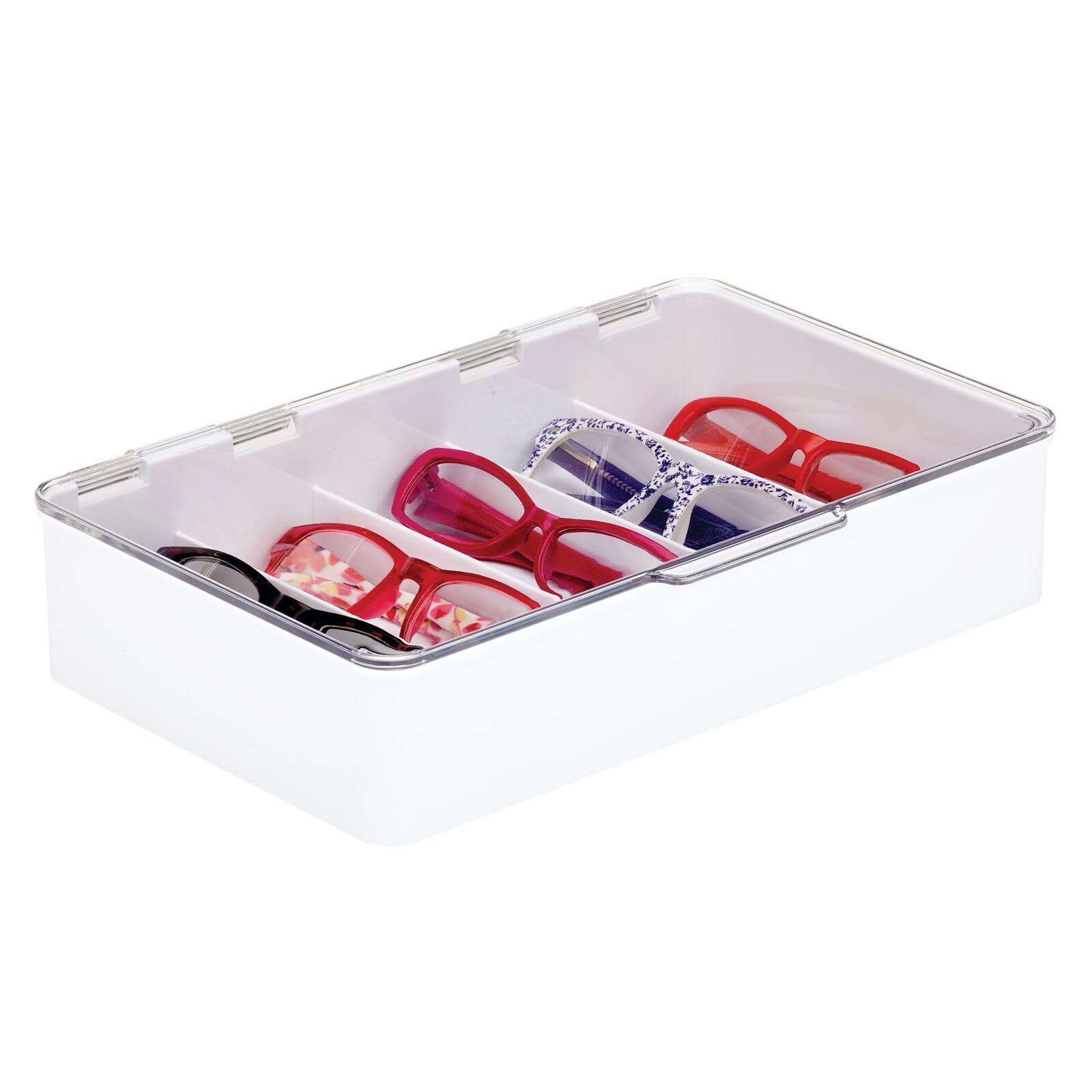 mDesign Plastic Stackable Eyeglass Case Storage Organizer with Hinged Lid for Unisex Sunglasses, Reading Glasses, Fashion Eye Wear, Protective Glasses, 5 Sections, Ligne Collection - White