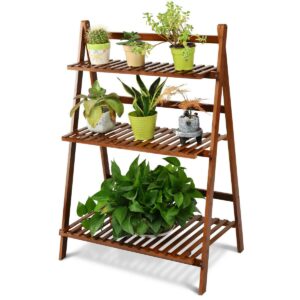 costway bamboo plant stand, foldable multifunctional flower display ladder shelf, 3-tier storage rack