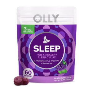 olly sleep gummy, occasional sleep support, 3 mg melatonin, l-theanine, chamomile, lemon balm, sleep aid, blackberry - 60 count