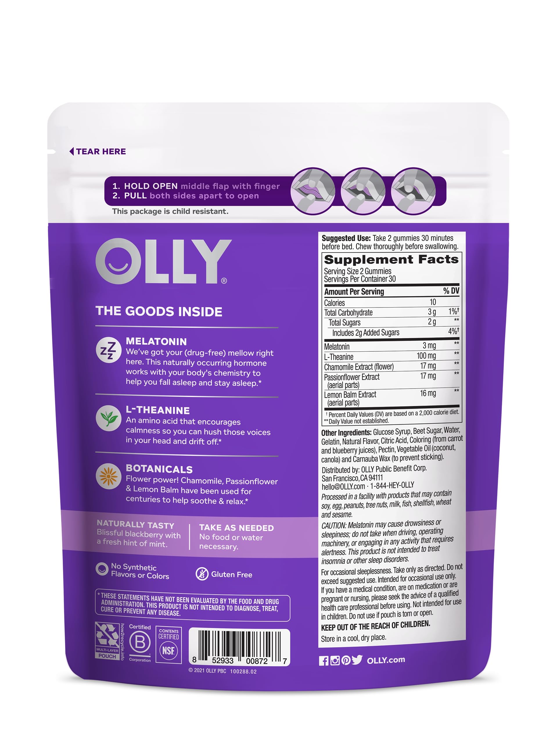 OLLY Sleep Gummy, Occasional Sleep Support, 3 mg Melatonin, L-Theanine, Chamomile, Lemon Balm, Sleep Aid, Blackberry - 60 Count