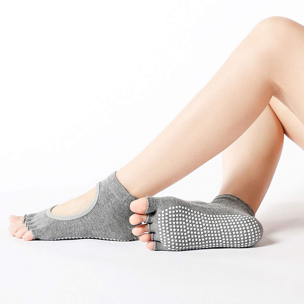 Vanktion 2 Pairs Toeless Yoga Socks Non-Slip Grips for Pilates Ballet Dance Barefoot Workout Cotton Open Toe Women Sports Socks (Black & Grey)