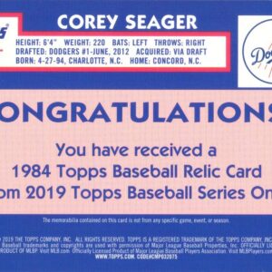 2019 Topps 1984 Relics #84R-CS Corey Seager Game Worn Dodgers Jersey Baseball Card