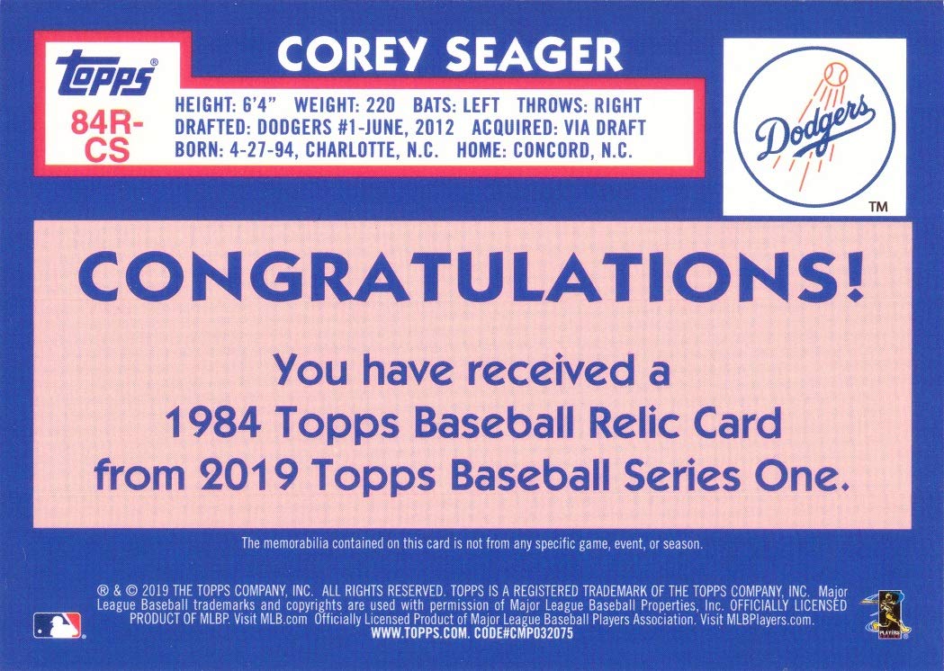 2019 Topps 1984 Relics #84R-CS Corey Seager Game Worn Dodgers Jersey Baseball Card