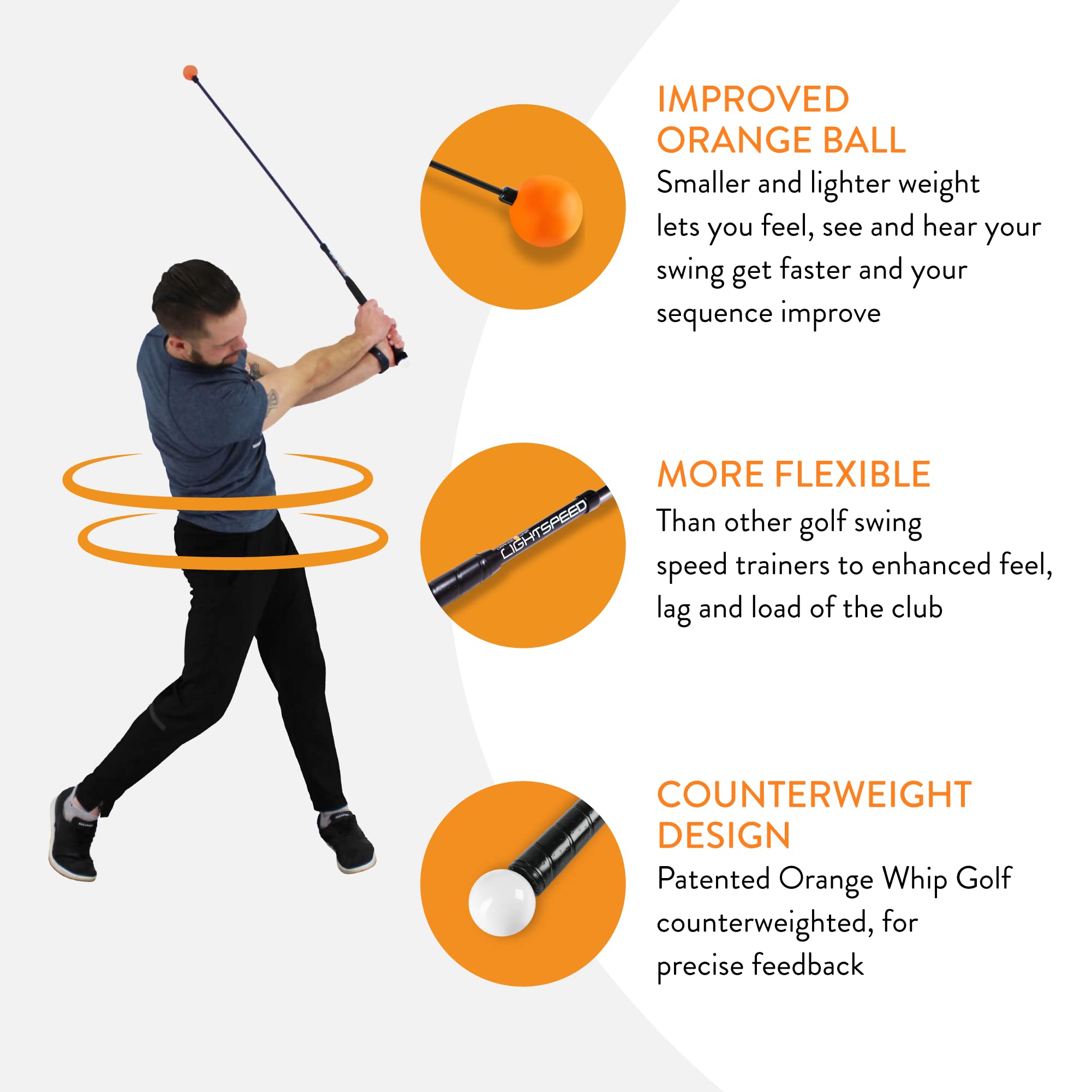 Orange Whip Lightspeed Golf Swing Trainer Aid Patented & Made in USA- Speed Stick Improves Speed, Distance and Accuracy (45")