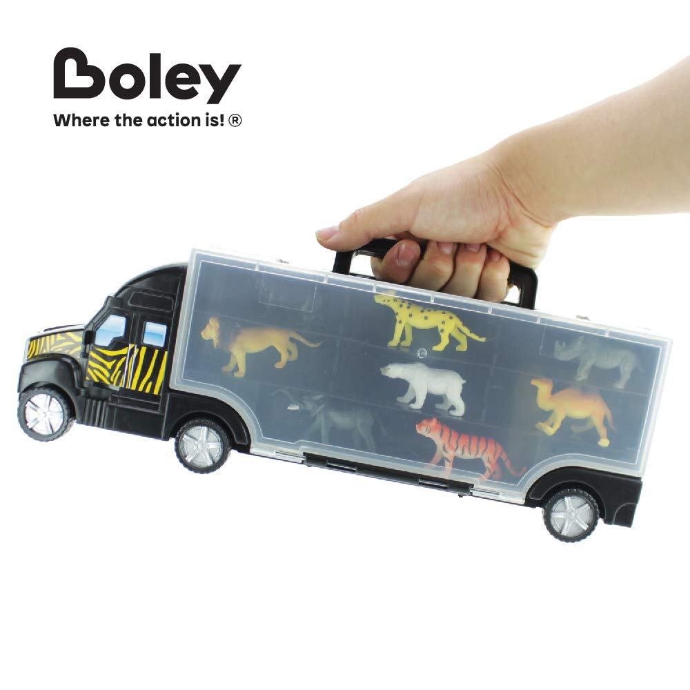 Boley 8 Piece 14" Safari Transport Truck Carrier - Miniature Animal Figures with Semi Truck Trailer Toy - Loadable Miniature Animals with Portable Truck and Collapsible, Easy-to-Hold Handle