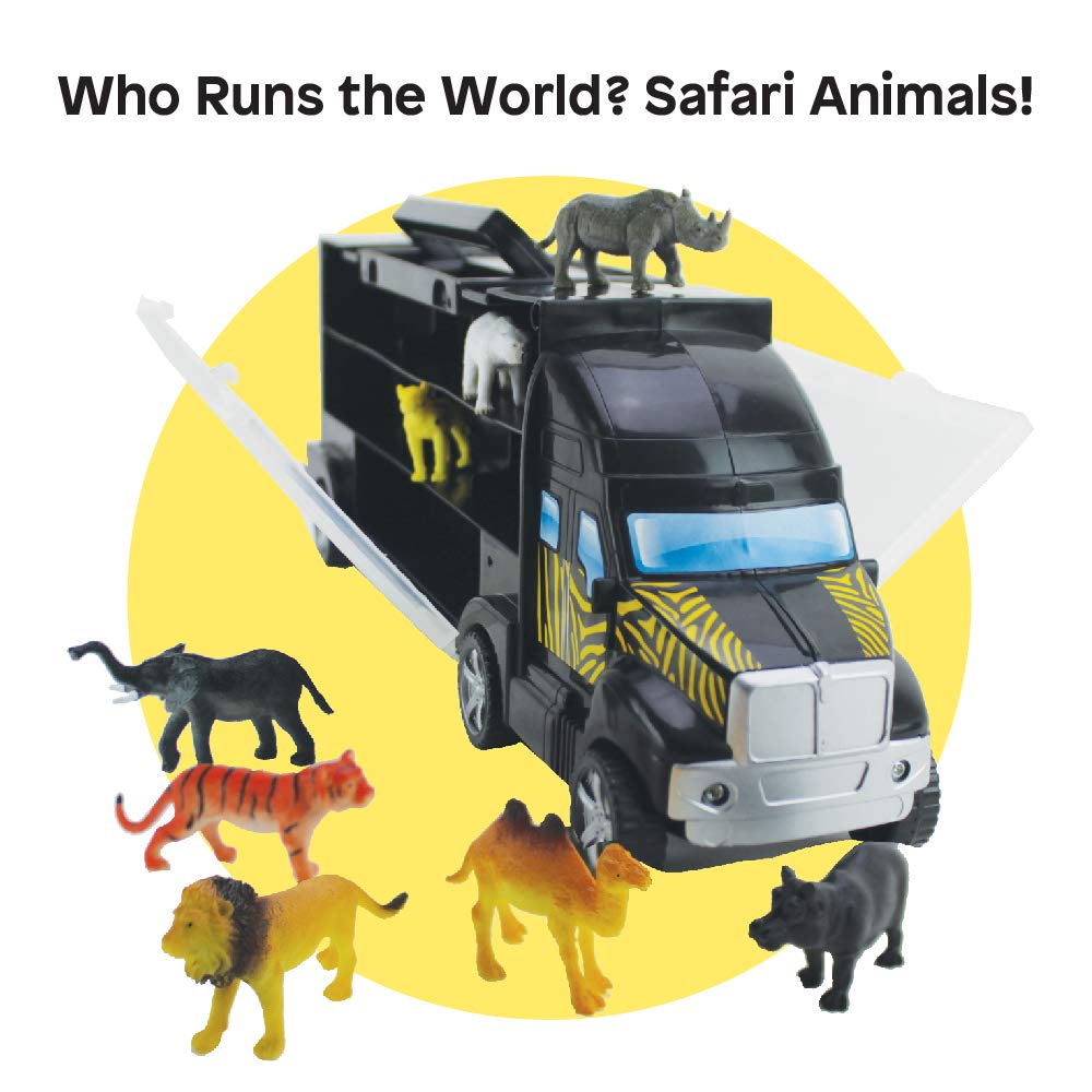 Boley 8 Piece 14" Safari Transport Truck Carrier - Miniature Animal Figures with Semi Truck Trailer Toy - Loadable Miniature Animals with Portable Truck and Collapsible, Easy-to-Hold Handle