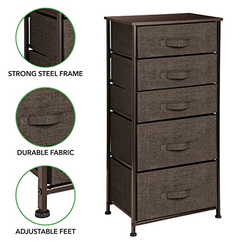 mDesign Storage Dresser Furniture Unit - Tall Standing Organizer Tower for Bedroom, Office, Living Room, and Closet - 5 Drawer Removable Fabric Bins - Espresso Brown