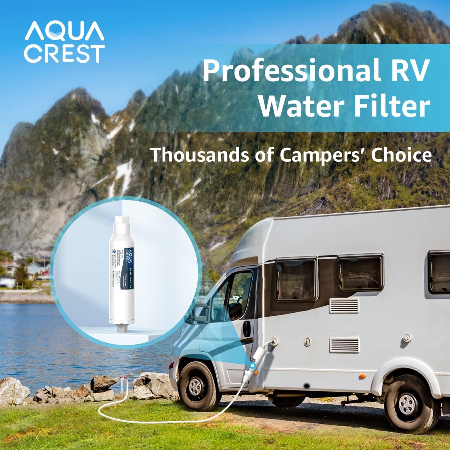 AQUA CREST RV Inline Hose Water Filter, Garden and Camper Water Filter, NSF Certified, Greatly Reduces Chlorine, Bad Taste, Odor, 4 Pack New Label Design