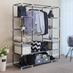 59" SP512 Portable Closet Organizer Non-Woven Fabric Clothes Wardrobe Closet Shelves,Quick and Easy to Assemble (Grey)