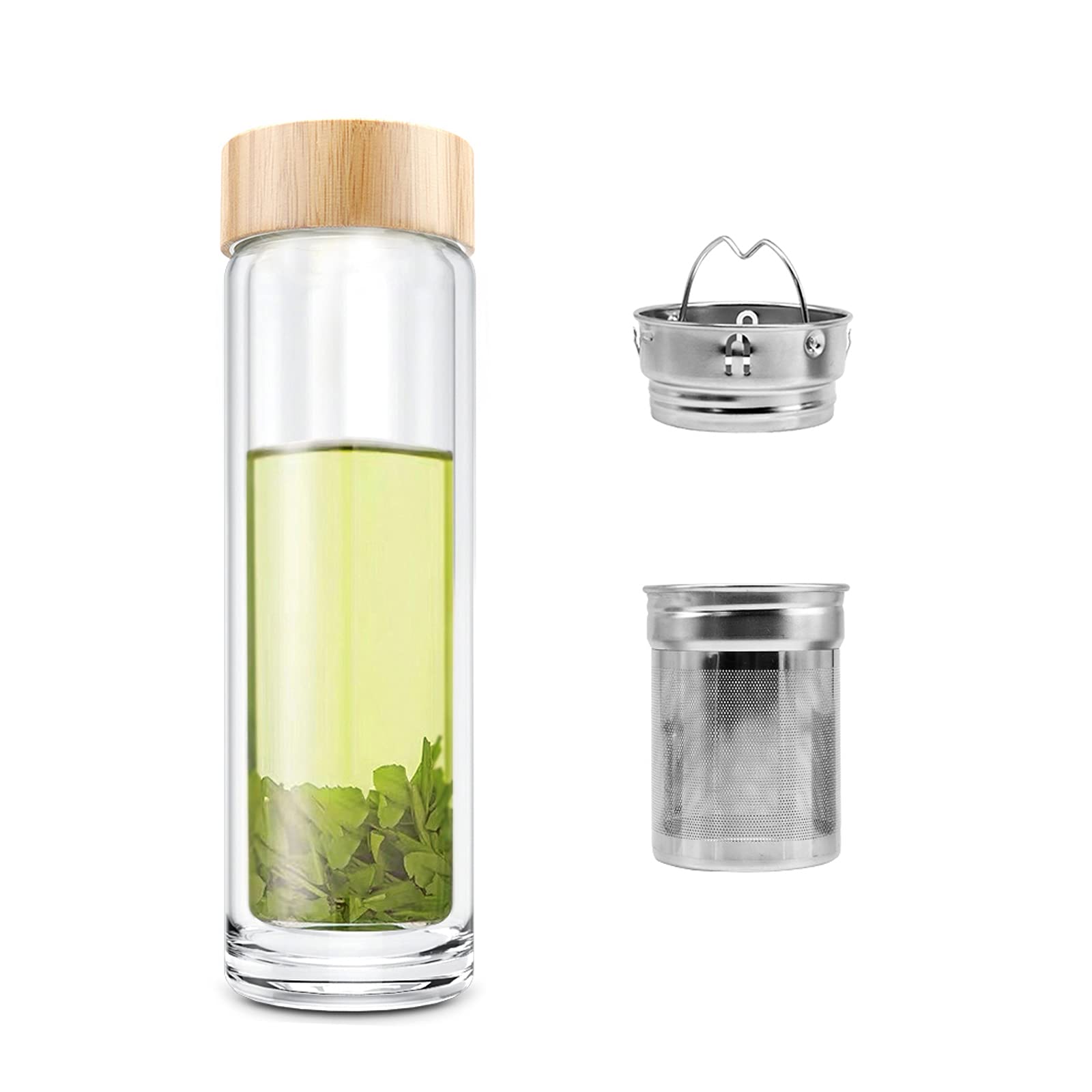 COMI Tea Bottle, 14 oz, Borosilicate Glass, Double Wall, Infuser & Strainer, Bamboo Lid, 400ml