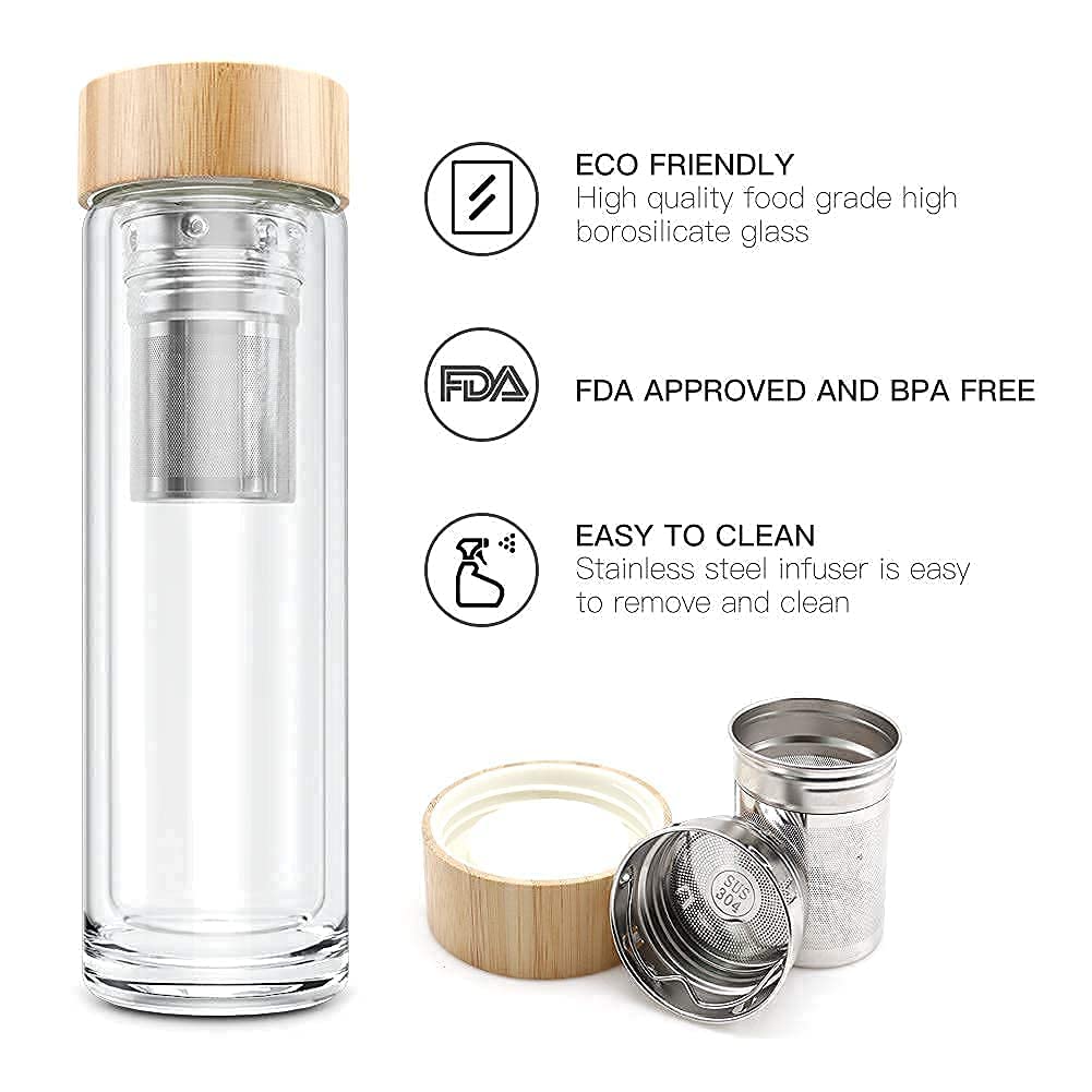 COMI Tea Bottle, 14 oz, Borosilicate Glass, Double Wall, Infuser & Strainer, Bamboo Lid, 400ml