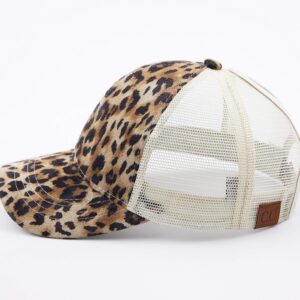 C.C Hatsandscarf Faux Suede Leopard Print Fabric Ponytail Baseball Cap (BT-44) (Leopard)