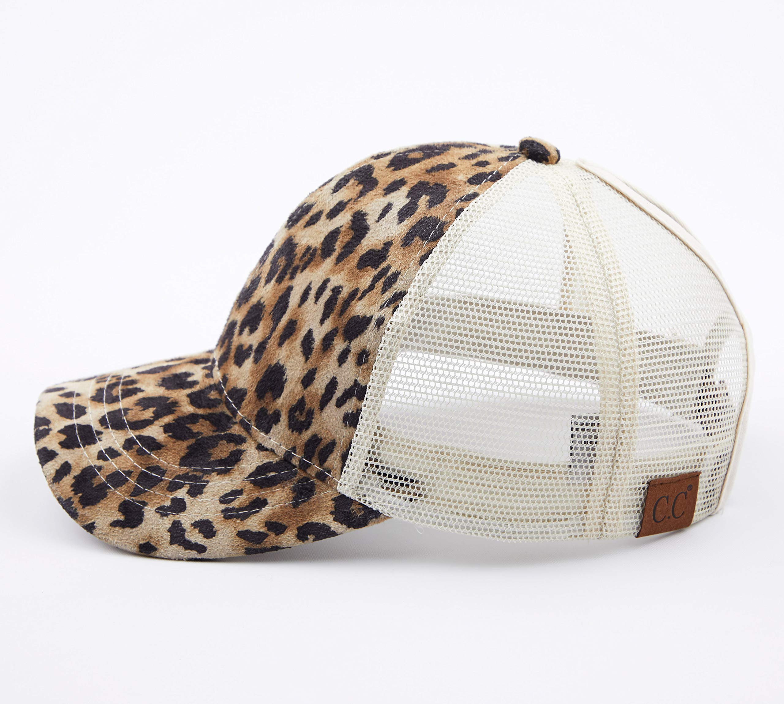 C.C Hatsandscarf Faux Suede Leopard Print Fabric Ponytail Baseball Cap (BT-44) (Leopard)