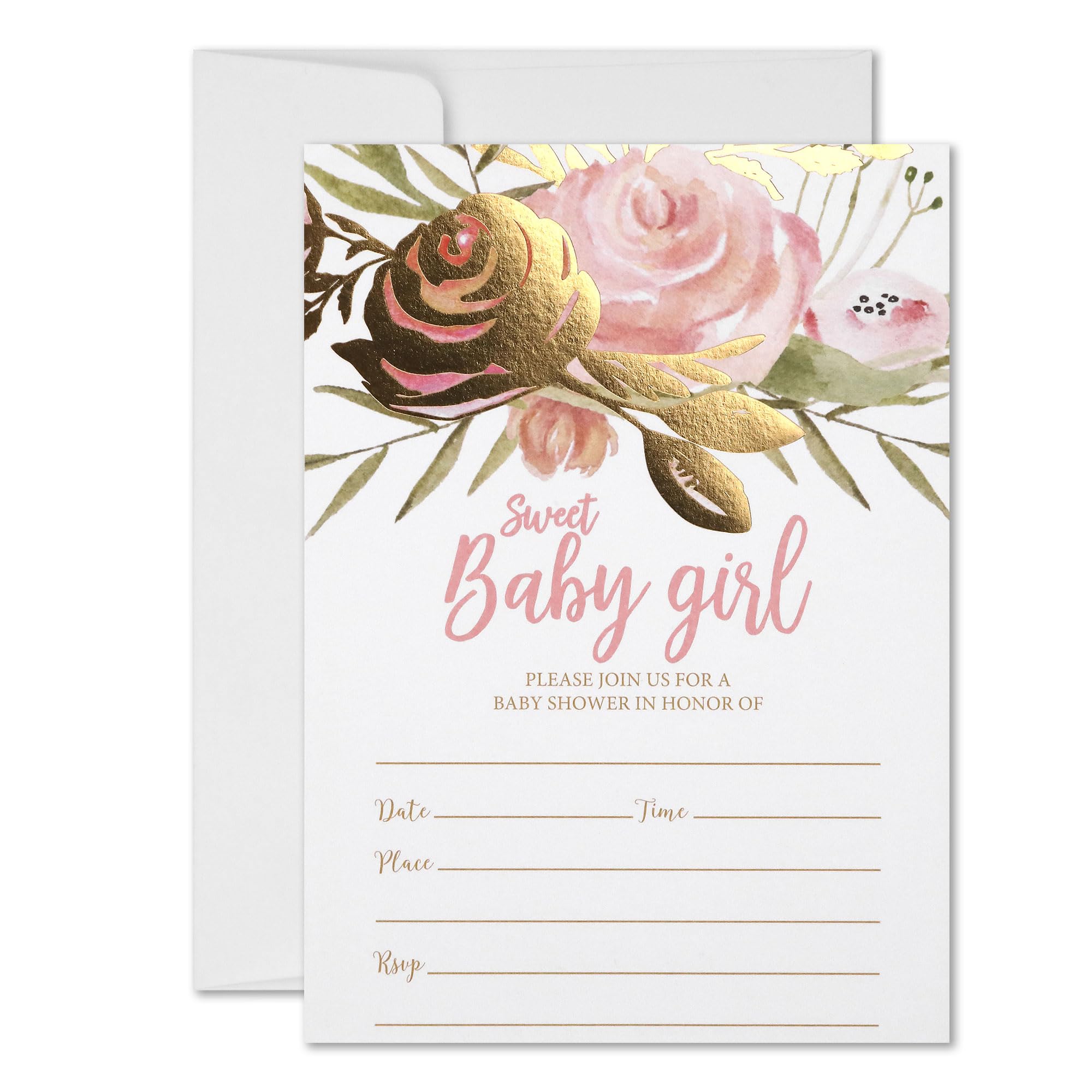 All Ewired Up 50 Baby Shower Invitations, Real Gold Foil Pink Blush Sweet Baby Girl Shower Invites and Envelopes (Large Size 5x7) Floral Roses Greenery Stunning Design