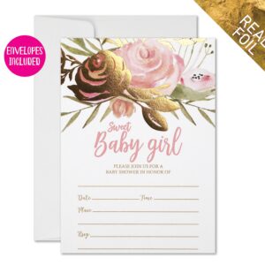 All Ewired Up 50 Baby Shower Invitations, Real Gold Foil Pink Blush Sweet Baby Girl Shower Invites and Envelopes (Large Size 5x7) Floral Roses Greenery Stunning Design