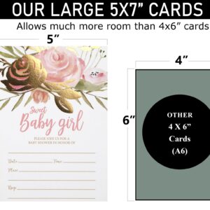 All Ewired Up 50 Baby Shower Invitations, Real Gold Foil Pink Blush Sweet Baby Girl Shower Invites and Envelopes (Large Size 5x7) Floral Roses Greenery Stunning Design