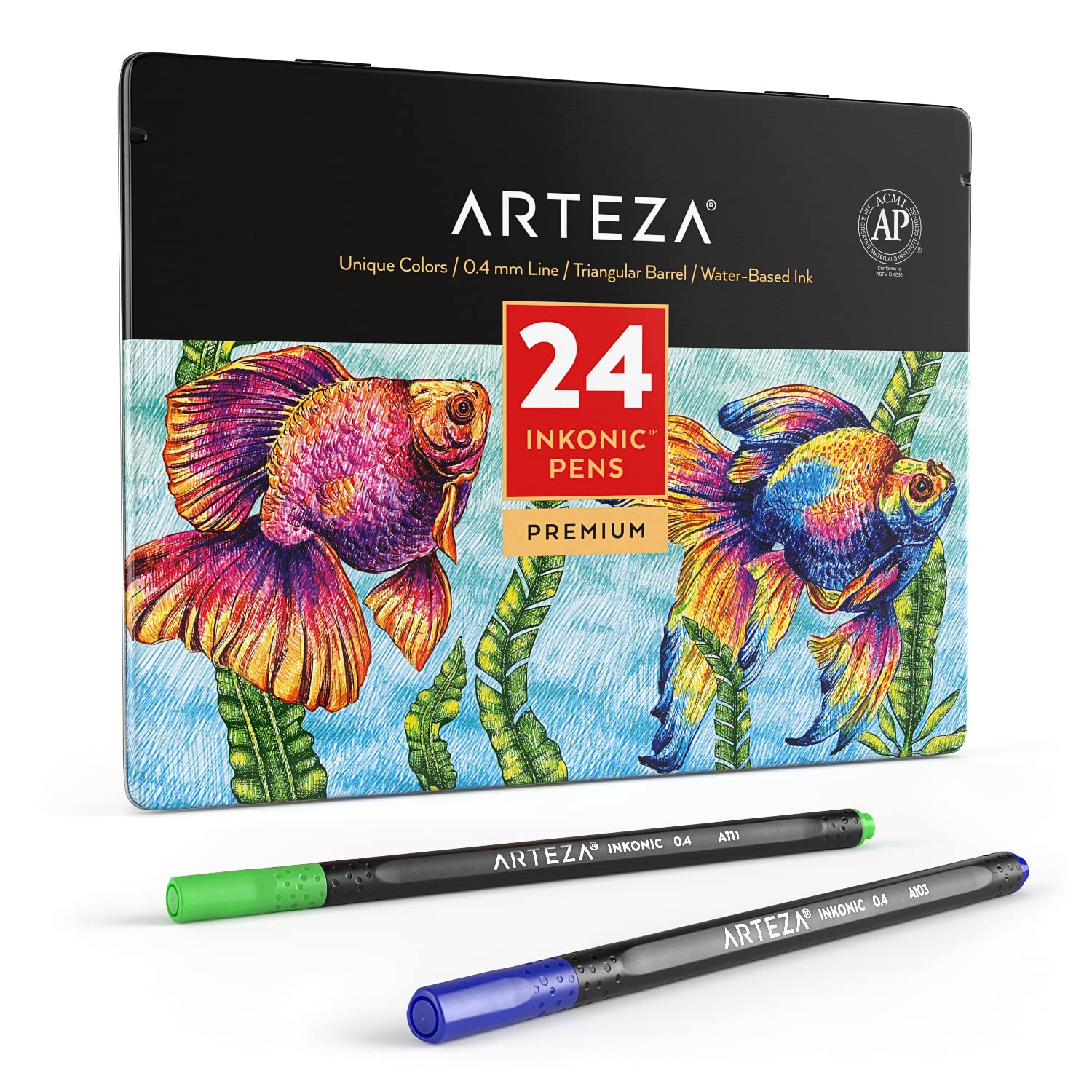 ARTEZA Inkonic Fineliners Pens, Set of 24, 0.4 mm Fine Tip Markers, Water-Based Art Pens for Drawing, Sketching, Journaling, Calligraphy