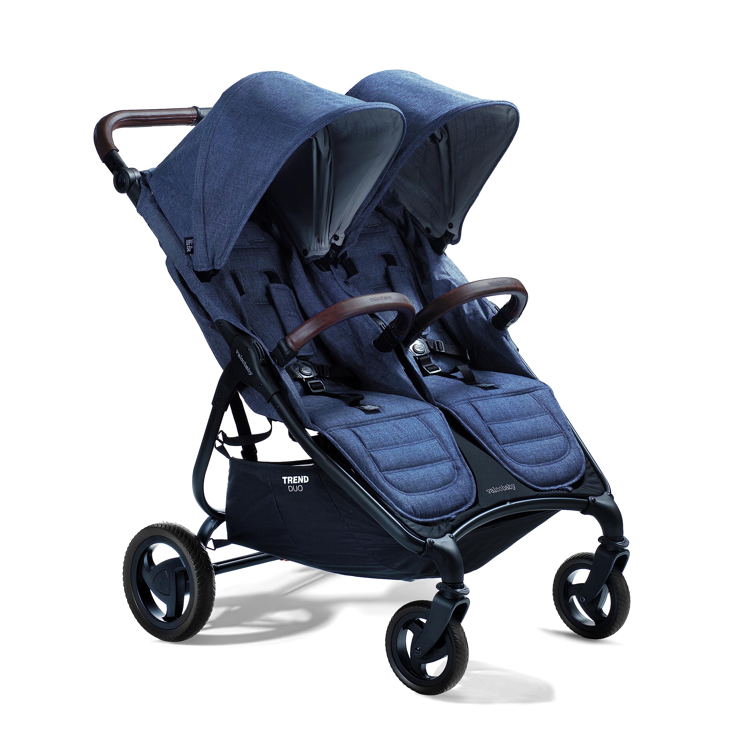Valco Baby Trend Duo Light Weight Side by Side Double Stroller 2023 (Denim Blue) - Easy and Compact fold, Multi-Position Recline, Large Canopy, Independent Twin Vents and More - Luxurious Twin Pram