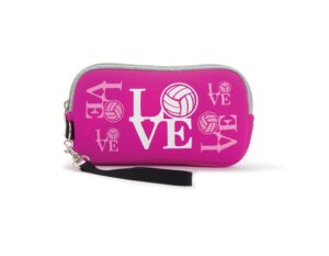 tandem sport volleyball clutch pouch - pink volleyball mini purse - volleyball themed neoprene pouch with nylon wrist strap - gift for volleyball players - pink