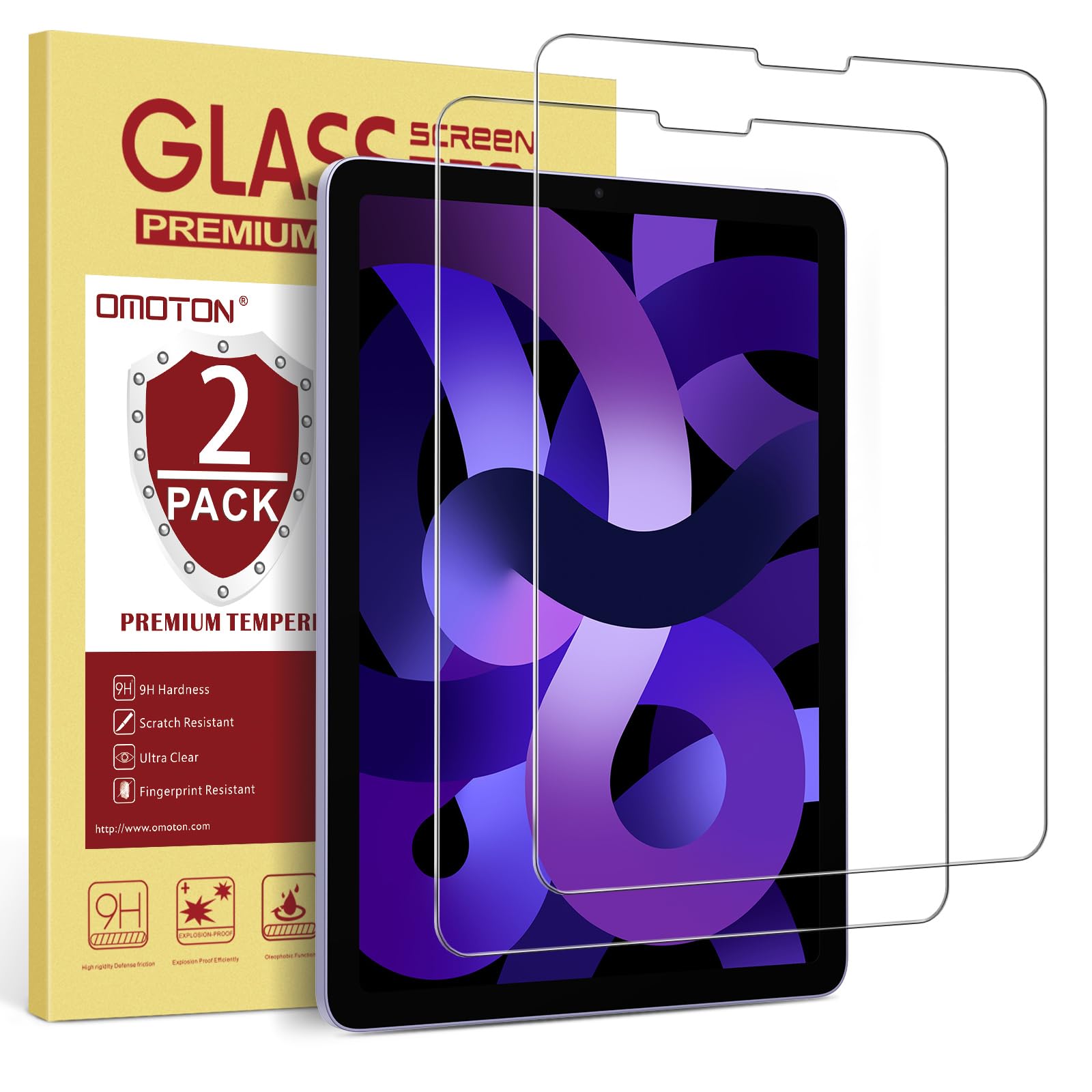 OMOTON Screen Protector for iPad Air 5th 4th Generation (Air 5/4, 10.9 Inch, 2022/2020) iPad Pro 11 Inch (2022/2021/2020/2018) Tablet - Tempered Glass, Case Friendly, Apple Pencil Compatible, 2 Pack