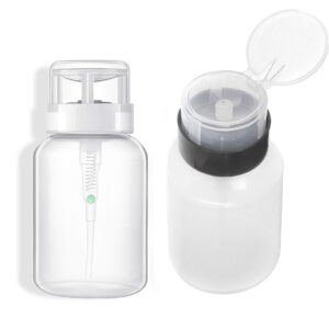 AKOAK Pack of 2 Push Down Empty Lockable Pump Dispenser Bottle for Nail Polish and Makeup Remover,200ml(6.8oz),Black and White Top Cap