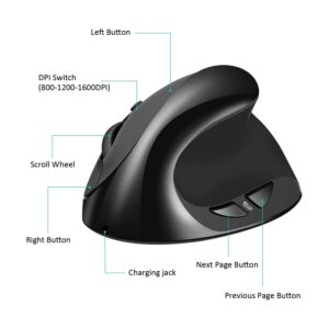 AURTEC Vertical Mouse, Rechargeable 2.4G Wireless Ergonomic Mice with USB Receiver, 6 Buttons and 3 Adjustable DPI 800/1200/1600, Black